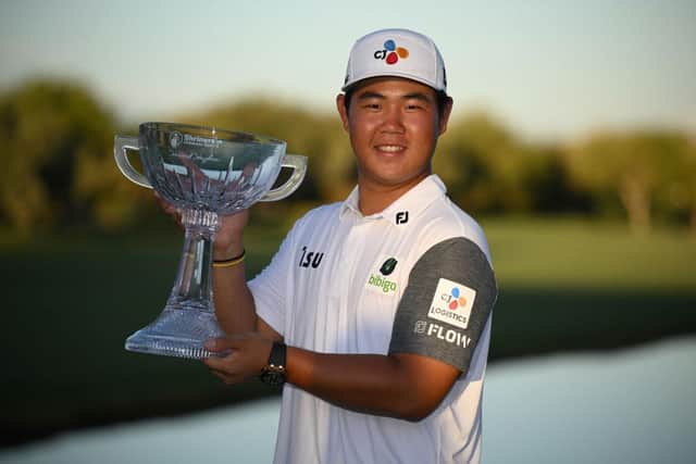 South Korea's Tom Kim poses with the trophy after winning the Shriners Children's Open at TPC Summerlin in Las Vegas. Picture: Orlando Ramirez/Getty Images.