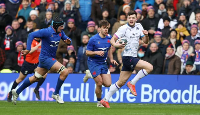 Blair Kinghorn makes the break which led to Duhan van der Merwe's try for Scotland against France. (Photo by Craig Williamson / SNS Group)