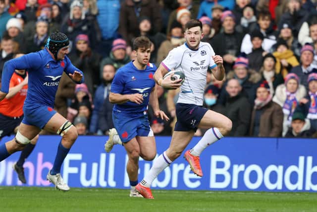 Blair Kinghorn makes the break which led to Duhan van der Merwe's try for Scotland against France. (Photo by Craig Williamson / SNS Group)