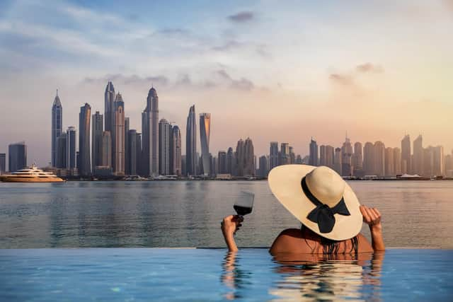 Skyscrapers fill the Dubai skyline.