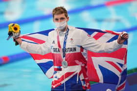 Great Britain's Duncan Scott, silver, on the podium for the Men's 200m Individual Medley Final at Tokyo Aquatics Centre on the seventh day of the Tokyo 2020 Olympic Games in Japan. Photo: Joe Giddens/PA Wire.