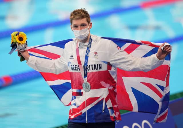 Great Britain's Duncan Scott, silver, on the podium for the Men's 200m Individual Medley Final at Tokyo Aquatics Centre on the seventh day of the Tokyo 2020 Olympic Games in Japan. Photo: Joe Giddens/PA Wire.