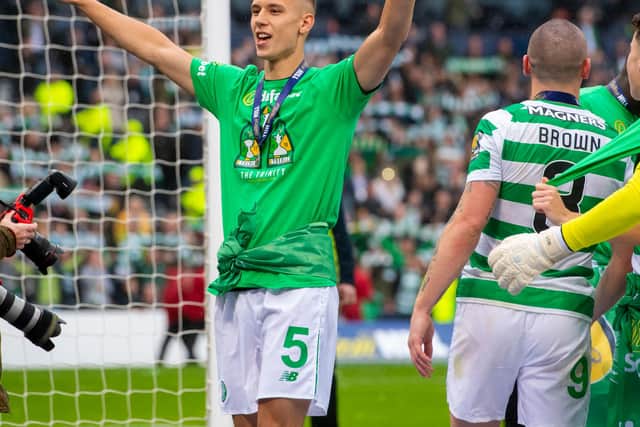 Filip Benkovic celebrates at full time of Celtic's Scottish Cup final win of 2019 after he had played his part in the club's capture of a third straight treble as a loanee from Leicester City that sources believe he could become again. ( SNS Group Craig Foy).