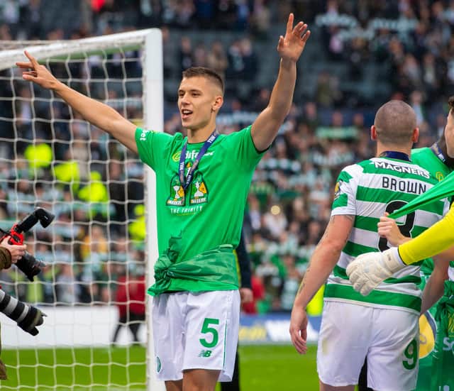 Filip Benkovic celebrates at full time of Celtic's Scottish Cup final win of 2019  after he had played his part in the club's capture of a third straight treble as a loanee from Leicester City that sources believe he could become again. ( SNS Group Craig Foy).