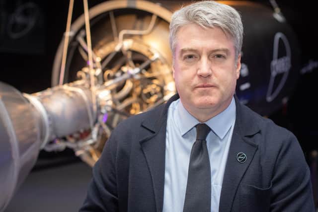 Chief Executive of British aerospace company Orbex Chris Larmour poses for a photograph during the unveiling of the company's new Prime Rocket at their new headquarters and rocket design facility in Forres in the Scottish Highlands on February 7, 2019. - The Prime Rocket is designed to deliver small satellites into Earths orbit. (Photo by Michal Wachucik / AFP)        (Photo credit should read MICHAL WACHUCIK/AFP via Getty Images)