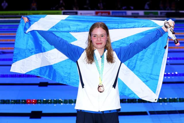 Bronze medalist, Katie Shanahan of Team Scotland, poses with their medal during the medal ceremony for the Women's 200m Backstroke Final on day four of the Birmingham 2022 Commonwealth Games at Sandwell Aquatics Centre on August 01, 2022 on the Smethwick, England. (Photo by Clive Brunskill/Getty Images)