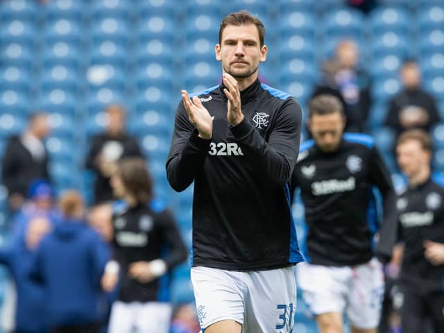 Rangers left-back Borna Barisic warms up ahead of the match against Kilmarnock at Ibrox on Sunday. (Photo by Alan Harvey / SNS Group)