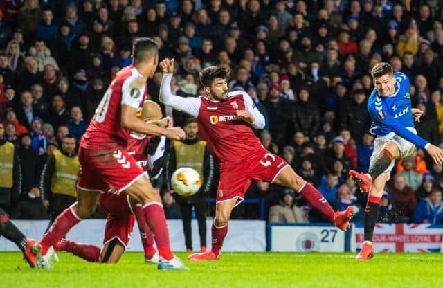 Rangers' Ianis Hagi pulls a goal back during a Europa League last 32 first leg match between Rangers and Braga, at Ibrox Park, in Glasgow, Scotland. (Photo by Craig Foy / SNS Group)