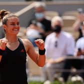 Maria Sakkari of Greece celebrates her surprise victory over defending champion Iga Swiatek in the French Open quarter-finals. Picture: Clive Brunskill/Getty Images