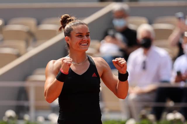 Maria Sakkari of Greece celebrates her surprise victory over defending champion Iga Swiatek in the French Open quarter-finals. Picture: Clive Brunskill/Getty Images