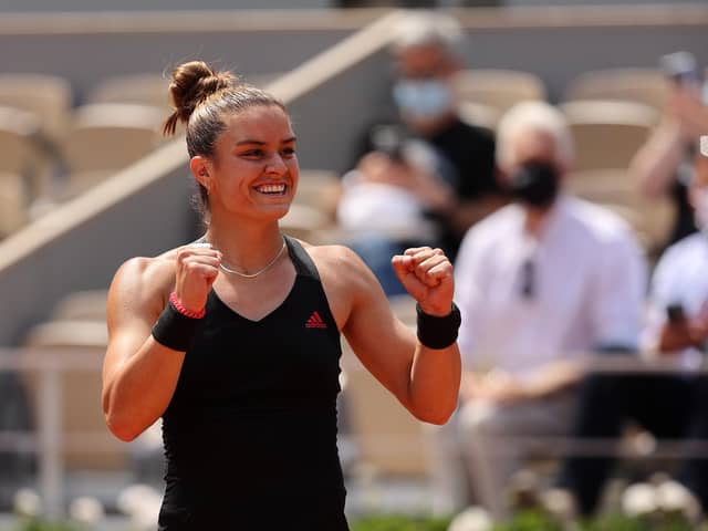 Maria Sakkari of Greece celebrates her surprise victory over defending champion Iga Swiatek in the French Open quarter-finals. Picture: Clive Brunskill/Getty Images