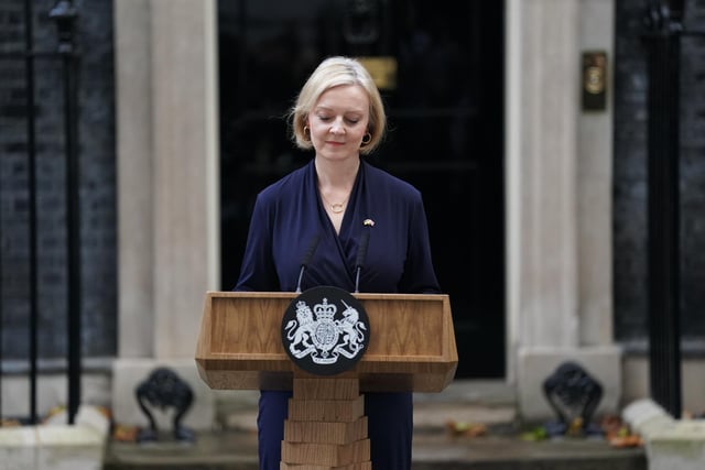 Prime Minister Liz Truss making a statement outside 10 Downing Street, London, where she announced her resignation as Prime Minister. Picture date: Thursday October 20, 2022.