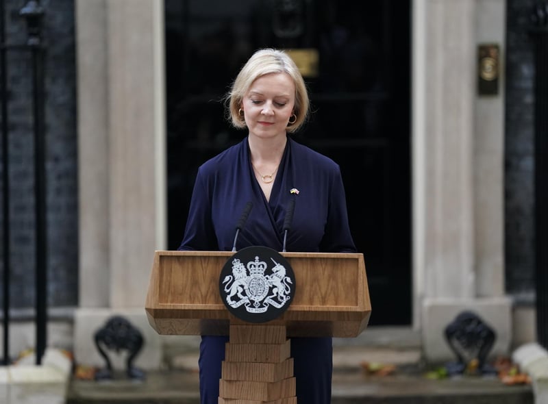 Prime Minister Liz Truss making a statement outside 10 Downing Street, London, where she announced her resignation as Prime Minister. Picture date: Thursday October 20, 2022.