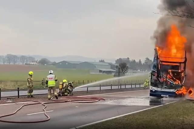 A school bus on fire on the A90 near Inchture in March. Picture: BBC