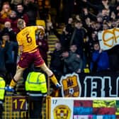 Motherwell’s Allan Campbell celebrates his goal to make it 2-1 at Fir Park. Picture: SNS