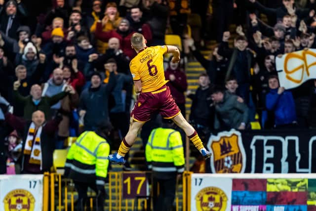 Motherwell’s Allan Campbell celebrates his goal to make it 2-1 at Fir Park. Picture: SNS