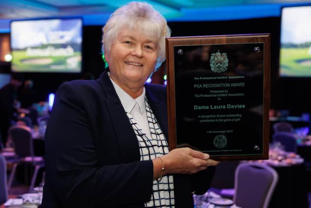 Dame Laura Davies shows off her PGA Recognition Award, which was presented during the PGA in Scotland Annual Luncheon in Glasgow. Picture: Kenny Smith Photography
