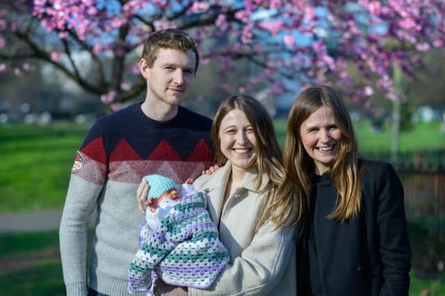 Grace and Angus Davidson with baby Amy Isabel, and her aunt Amy. Grace, who received a womb in the UK's first womb transplant, has given birth to a baby girl. Picture: Joe Daniel/Womb Transplant UK/PA Wire