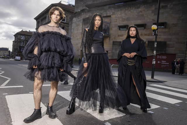 Models Joshua Cairns, Grace Dempsey and Shannon Summers arrive at the National Museum of Scotland ahead of the opening of its Beyond the Little Black Dress exhibition on 1 July. Picture: Duncan McGlynn