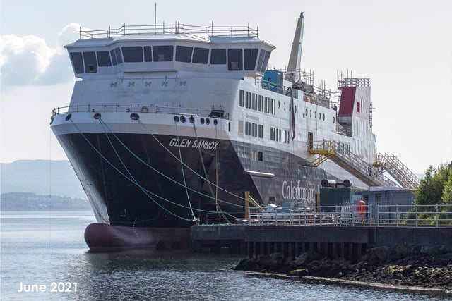 MV Glen Sannox on Tuesday showing repaired funnel, newly-constructed mast and fresh paint. Pictures: Andrew Cawley, Mark Gibson