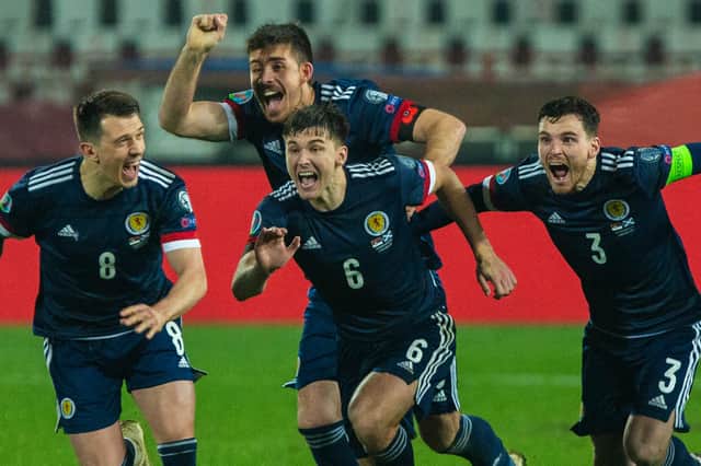 Scotland players celebrate after Steve Clarke's men secured qualification for Euro 2020. Picture: SNS