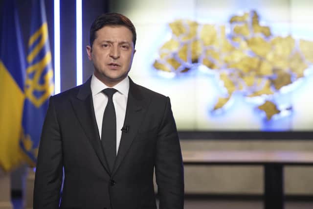 Ukrainian President Volodymyr Zelenskyy addresses the nation in Kyiv, Ukraine on Thursday February 24th in a video statement. Photo: Ukrainian Presidential Press Office via AP.