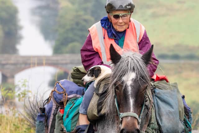 Keeping Jane Dotchin company on her travels are horse Diamond and Dinky her disabled Jack Russell. Photo: Katielee Arrowsmith/SWNS