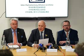 MP Tim Loughton, Sir Iain Duncan Smith and MP Stewart McDonald during a press conference at the Centre for Social Justice in central London, after a statement to Parliament that Beijing is behind a wave of state-backed interference.