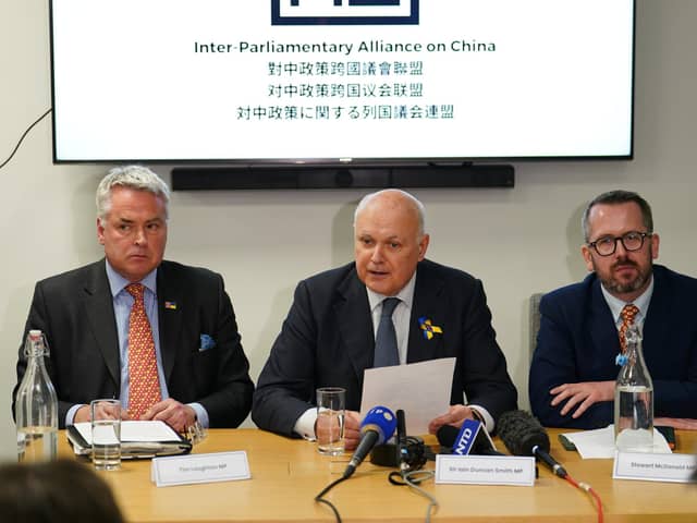 MP Tim Loughton, Sir Iain Duncan Smith and MP Stewart McDonald during a press conference at the Centre for Social Justice in central London, after a statement to Parliament that Beijing is behind a wave of state-backed interference.