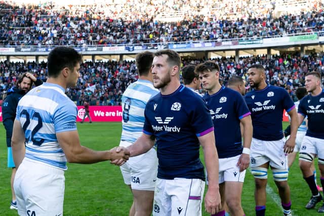 Disappointment for Scotland centre Mark Bennett at the end of the third Test loss to Argentina at the Madre de Ciudades Stadium. (Photo by Pablo Gasparini/AFP via Getty Images)