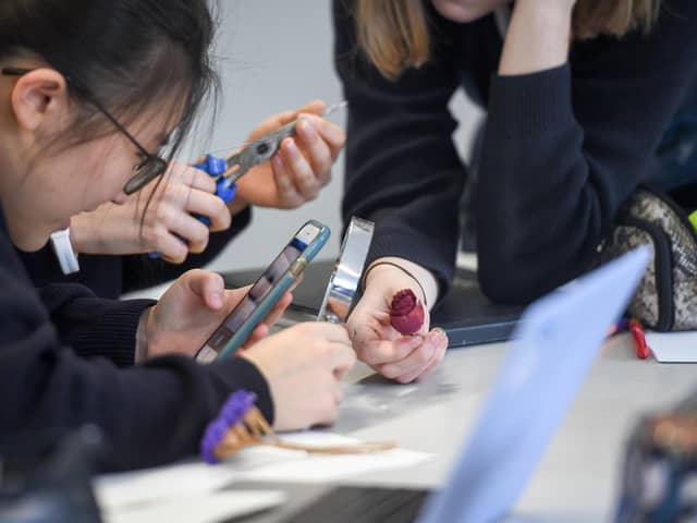 School pupils looking at their mobile phones