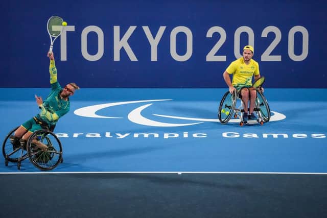 Members of Team Australia during a Australia Wheelchair Tennis practice Session ahead of the Tokyo 2020 Paralympic Games at Ariake Tennis Park on August 23, 2021 in Tokyo, Japan. (Photo by Yuichi Yamazaki/Getty Images for International Paralympic Committee)