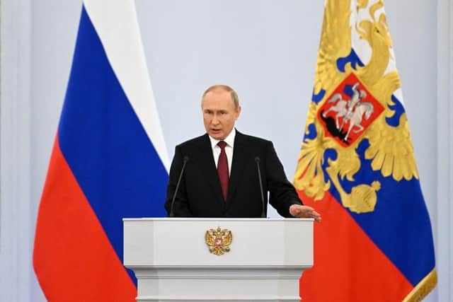 Russian President Vladimir Putin gives a speech during a ceremony formally annexing four regions of Ukraine Russian troops occupy, at the Kremlin in Moscow.
