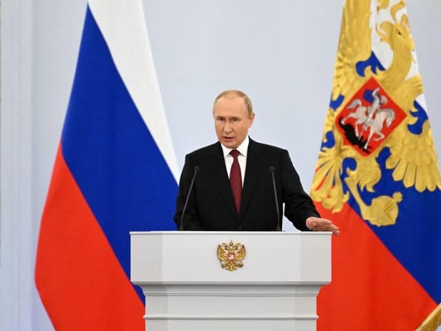 Russian President Vladimir Putin gives a speech during a ceremony formally annexing four regions of Ukraine Russian troops occupy, at the Kremlin in Moscow.