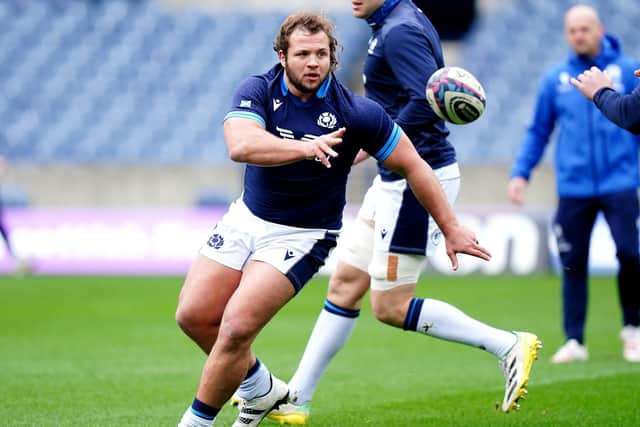 Scotland's Pierre Schoeman trains at BT Murrayfield ahead of the Wales match. Photo: Jane Barlow/PA Wire