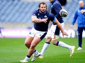 Scotland's Pierre Schoeman trains at BT Murrayfield ahead of the Wales match. Photo: Jane Barlow/PA Wire