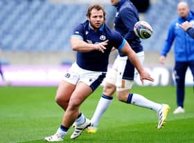 Scotland's Pierre Schoeman trains at BT Murrayfield ahead of the Wales match. Photo: Jane Barlow/PA Wire