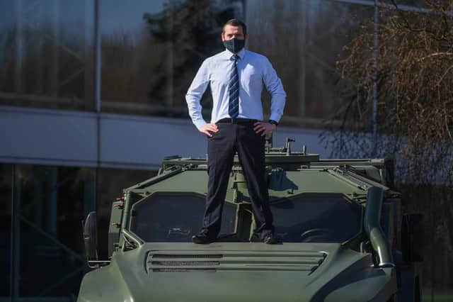 GLASGOW, SCOTLAND - APRIL 02: Douglas Ross, Leader of the Scottish Conservatives, is seen on a Hawkeye vehicle during a visit to Thales Optronics on April 2, 2021 in Glasgow, Scotland. Mr Ross was setting out the Scottish Conservative proposals for demand-led apprenticeships and expanding on the party's plans for a skills revolution. (Photo by Peter Summers/Getty Images)