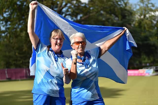 Pauline Wilson and Rosemary Lenton of Team Scotland celebrate their victory in Para Women's Pairs B6-B8 - Gold Medal match between Scotland and Australia on day six of the Birmingham 2022 Commonwealth Games. (Photo by Nathan Stirk/Getty Images)