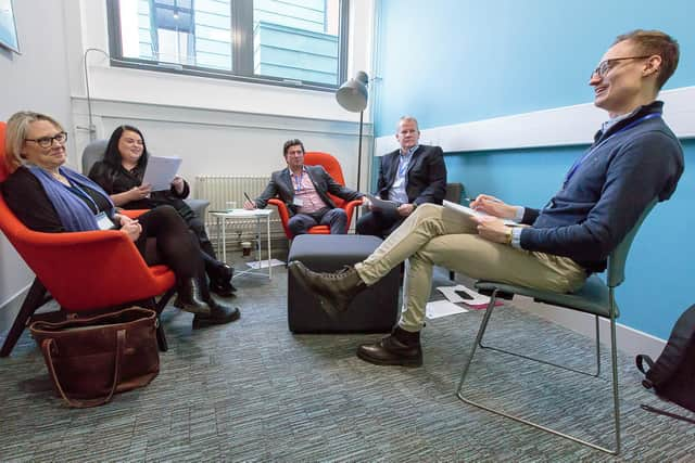 Anej Ribic, from Abertay University, sells to Salesforce account executive Kate Ifould in one of two sales meetings with a group of judges. Picture: ASM Media & PR