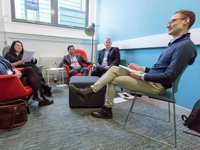 Anej Ribic, from Abertay University, sells to Salesforce account executive Kate Ifould in one of two sales meetings with a group of judges. Picture: ASM Media & PR
