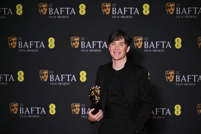 Irish actor Cillian Murphy poses with the award for Best leading actor for his role in "Oppenheimer" during the BAFTA British Academy Film Awards ceremony at the Royal Festival Hall, Southbank Centre, in London