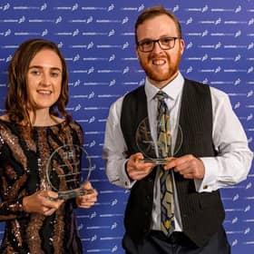 Laura Muir and Owen Miller with their awards from Scottish Athletics. Pic: Bobby Gavin