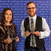 Laura Muir and Owen Miller with their awards from Scottish Athletics. Pic: Bobby Gavin