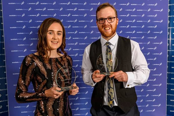 Laura Muir and Owen Miller with their awards from Scottish Athletics. Pic: Bobby Gavin