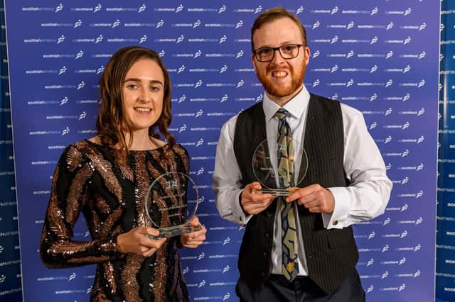 Laura Muir and Owen Miller with their awards from Scottish Athletics. Pic: Bobby Gavin
