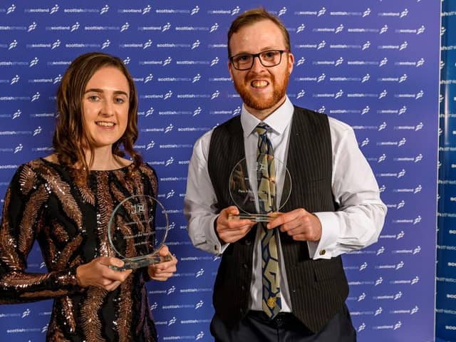 Laura Muir and Owen Miller with their awards from Scottish Athletics. Pic: Bobby Gavin