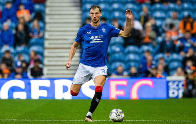 Rangers' Borna Barisic had a difficult evening against Olympiakos.