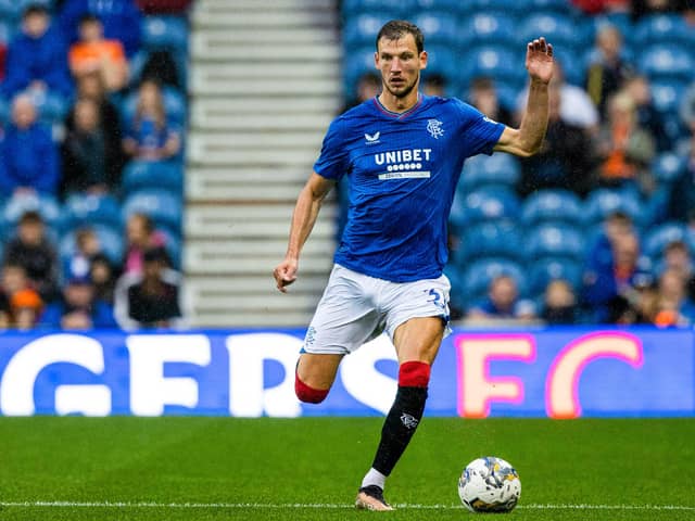 Rangers' Borna Barisic had a difficult evening against Olympiakos.