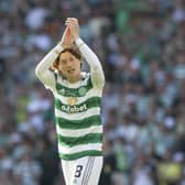 Celtic's Kyogo Furuhashi applauds the fans during the Scottish Cup final win over Inverness. (Photo by Craig Williamson / SNS Group)
